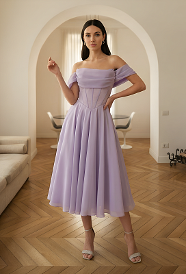 Лавандовое платье со спущенными плечами а-силуэт