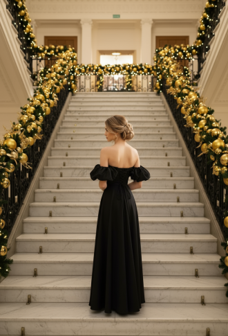 Чёрное атласное платье на выпускной со спущенными плечами