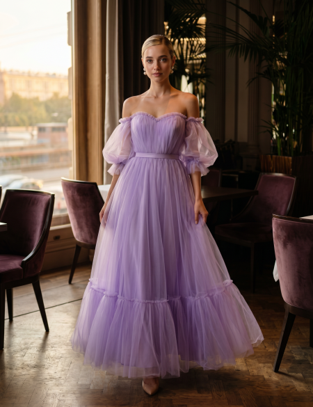 Лавандовое фатиновое платье с пышными рукавами