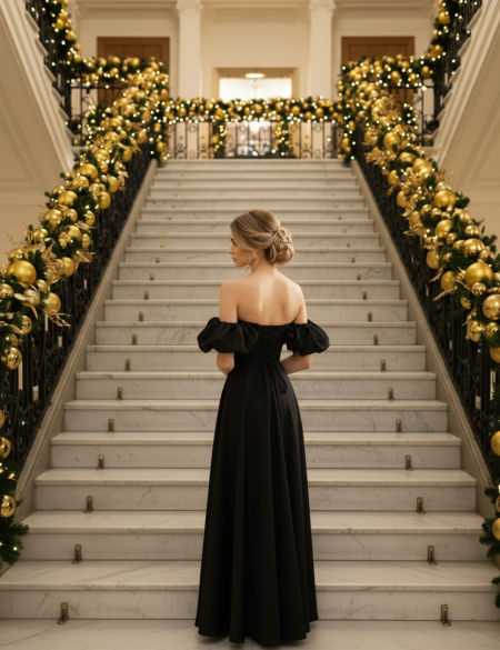 Чёрное атласное платье на выпускной со спущенными плечами