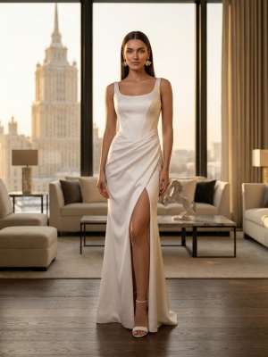 Белое платье с корсетным верхом и разрезом на ноге