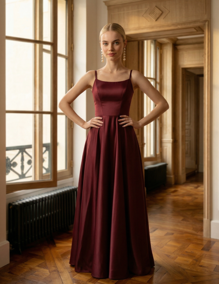 Атласное платье с закрытым верхом - Марсала