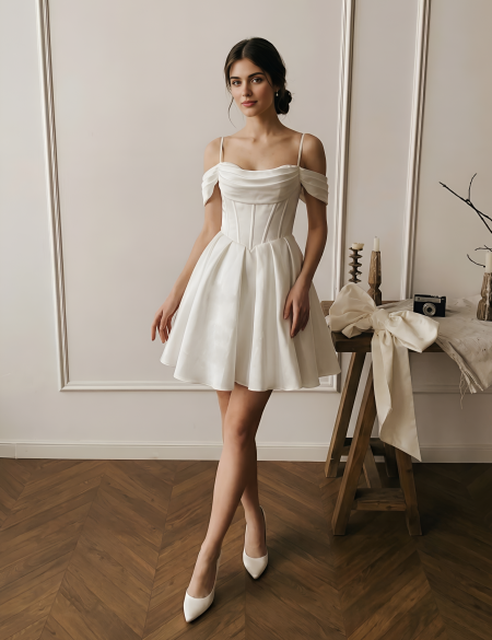 Белое атласное мини-платье на тонких бретелях со спущенными рукавами-крылышками