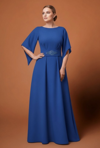 Платье по фигуре с брошью на талии и рукавами - Индиго