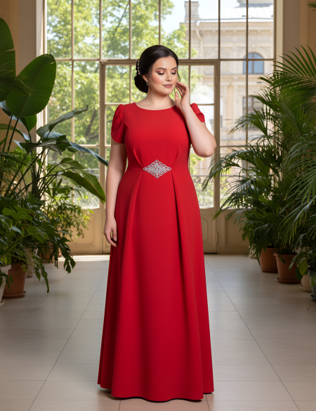 Красное платье по фигуре с небольшим рукавом и брошь на талии