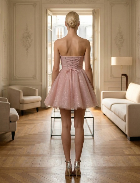 Розовое блестящее платье мини бандо