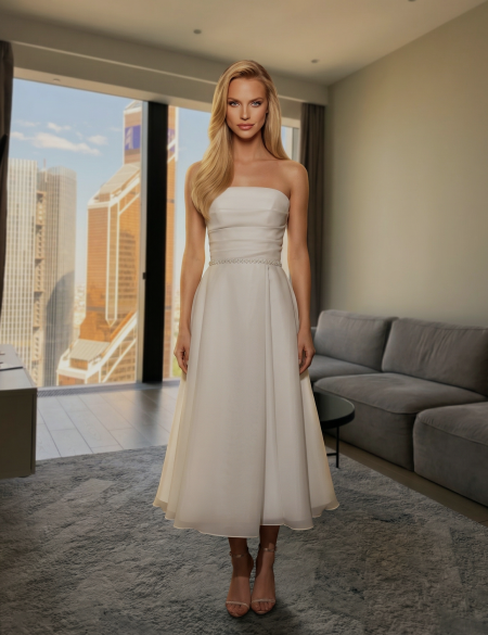 Белое платье миди из органзы с пояском