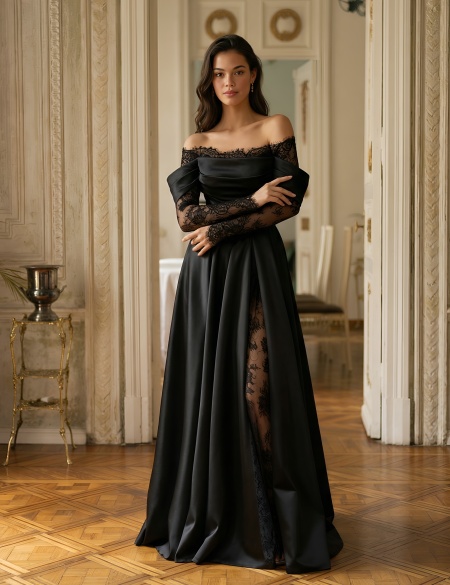 Черное вечернее платье А-силуэта с кружевными вставками и спущенными рукавами