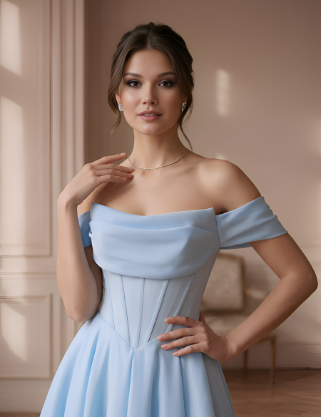 Голубое платье со спущенными плечами а-силуэт