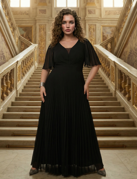 Черное платье с плиссированной юбкой и рукавами-крылышками