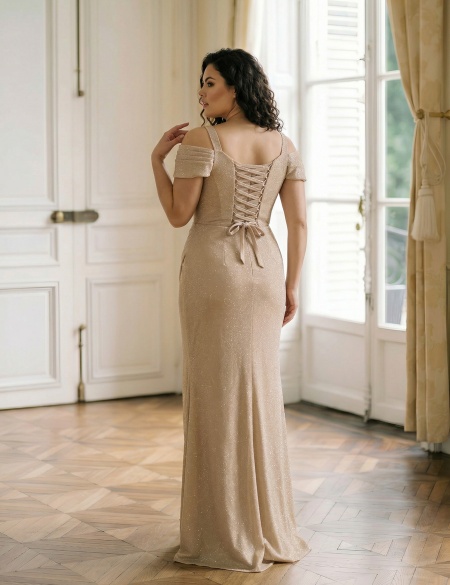 Бежевое блестящее платье со спущенными плечами и разрезом на ноге