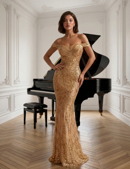 Золотое платье из пайеток со спущенными плечами