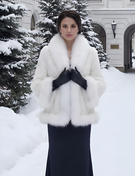 Вязаная белая норковая шуба с воротником из меха песца 