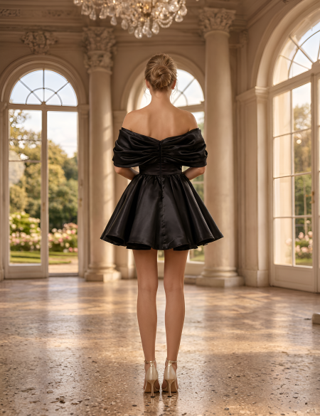 Чёрное платье мини из зеркальной органзы с объёмными спущенными плечами