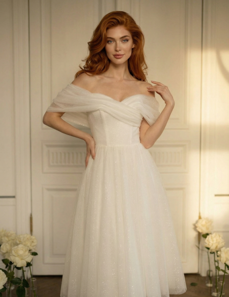 Белое блестящее платье миди со спущенными плечами