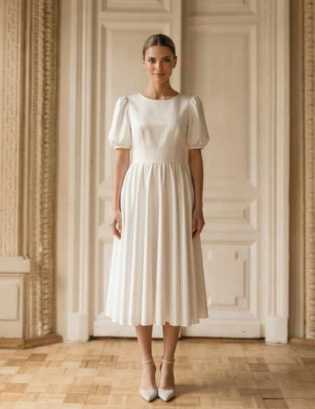 Белое атласное платье с рукавами фонариками