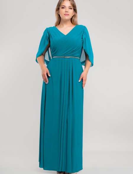 Трикотажное платье с шифоновыми рукавами крыло - Морская волна