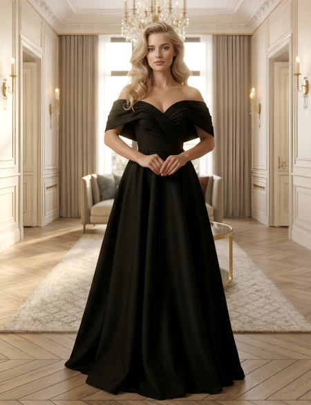 Чёрное  платье из органзы с объемными спущенными плечами