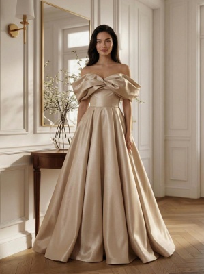Бежевое вечернее платье в пол из блестящей органзы