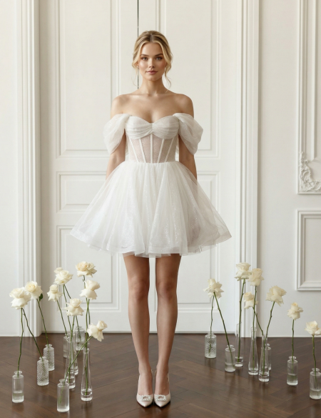 Молочное блестящее мини-платье с прозрачным корсетом и пышными спущенными рукавами.