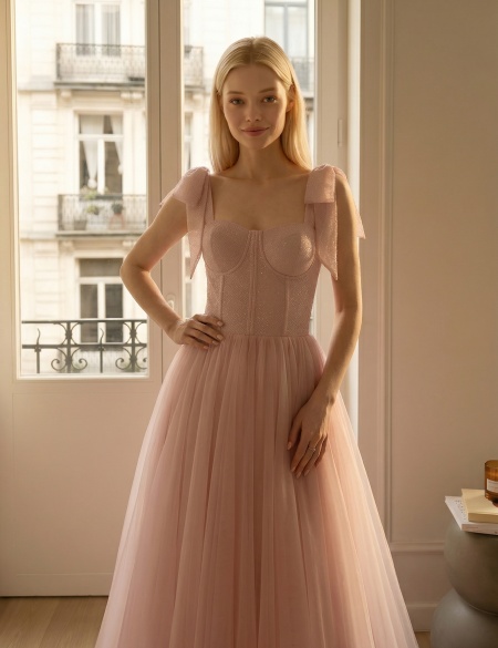 Пудровое фатиновое платье с блестящим верхом и бантиками