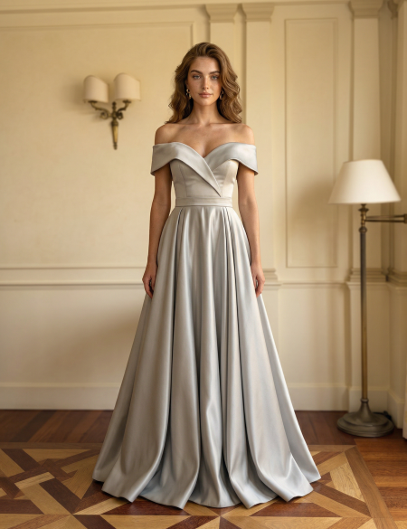 Серое атласное платье с разрезом