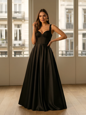 Чёрное атласное платье на бретельках с разрезом на ноге