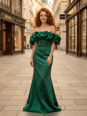 Изумрудное платье по фигуре с разрезом на ноге и оборкой