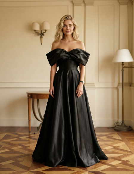 Чёрное вечернее платье в пол из блестящей органзы