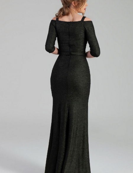 Графитовое вечернее платье-русалка со спущенными плечами на бретельках и рукавом 3\4