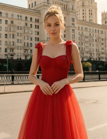 Красное платье миди с бантами на плечах