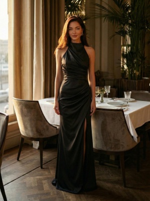 Черное атласное платье макси с воротником-халтер