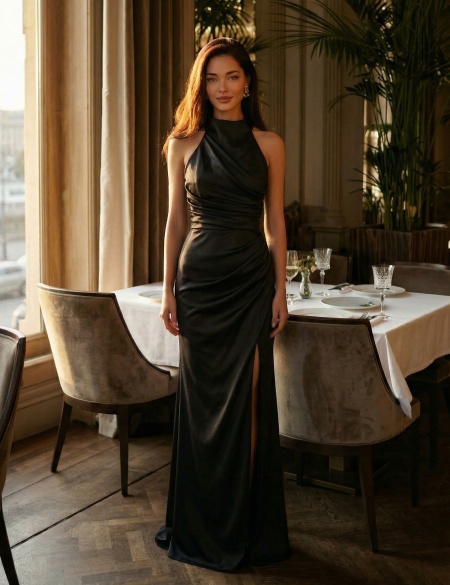 Черное атласное платье макси с воротником-халтер
