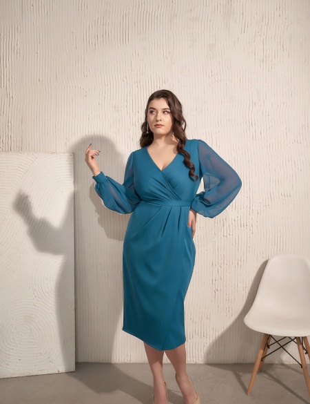 Платье миди с рукавами Морская волна