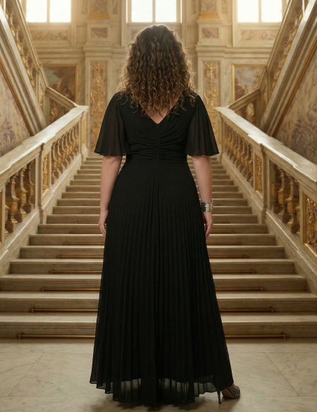 Черное платье с плиссированной юбкой и рукавами-крылышками