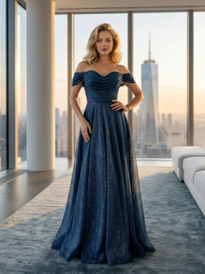 Тёмно-синее вечернее блестящее платье