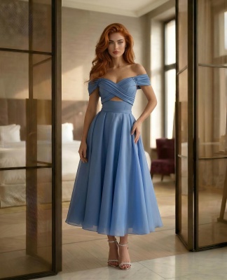 Синее платье миди из органзы