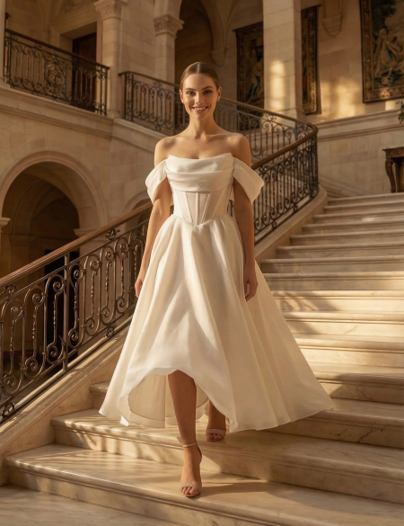 Белое платье со спущенными плечами а-силуэт