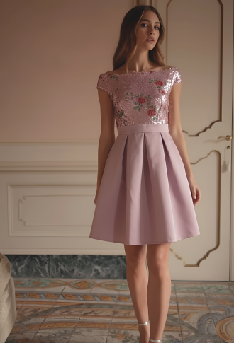 Пудровое платье со спущенными плечами, верх из пайеток