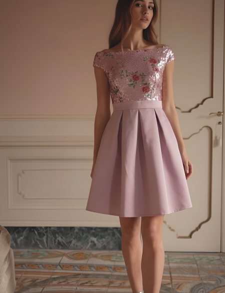 Пудровое платье со спущенными плечами, верх из пайеток