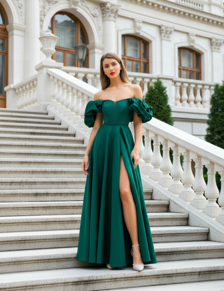 Изумрудное атласное платье на выпускной со спущенными плечами