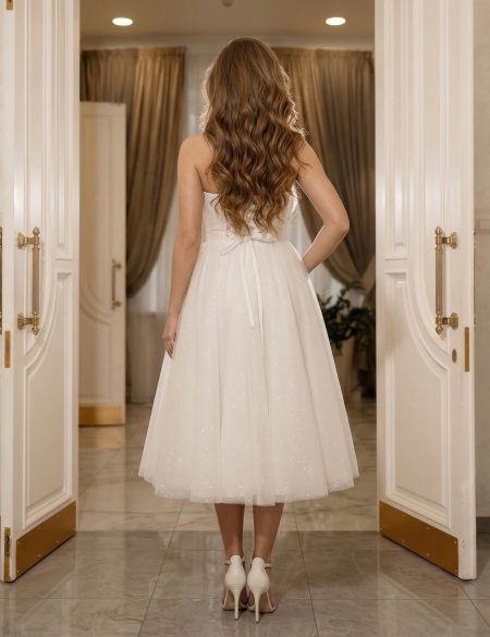 Белое блестящее платье миди бандо