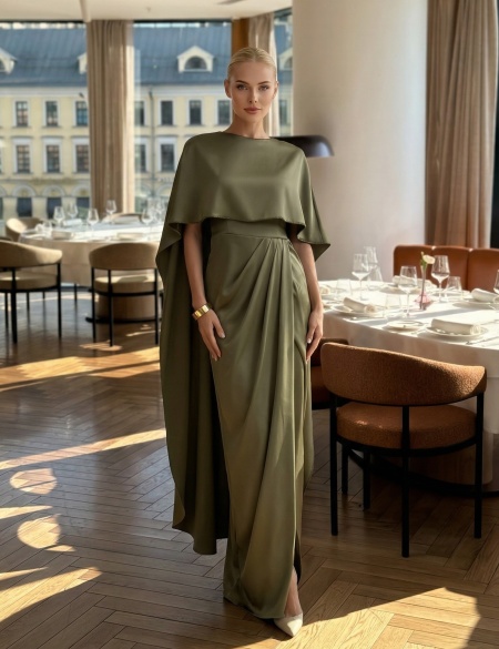 Оливковое платье с кейпом