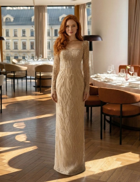 Бежевое платье из бисера с рукавами