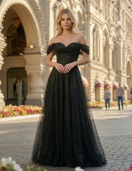 Чёрное вечернее блестящее платье