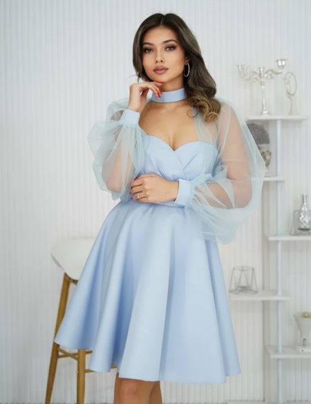 Голубое платье мини с съёмными рукавами
