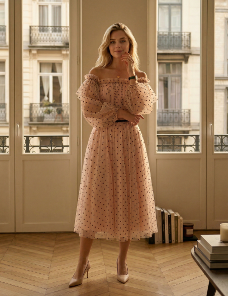 Бежевое фатиновое платье миди с пышными, спущенными рукавами