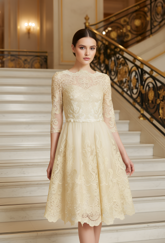 Бежевое платье с длинными рукавами и золотой вышивкой