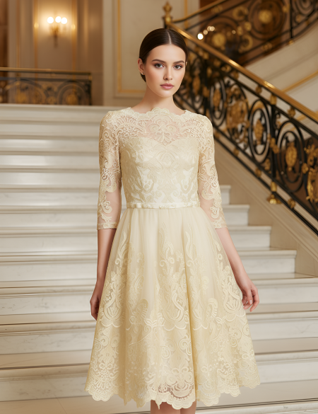 Бежевое платье с длинными рукавами и золотой вышивкой