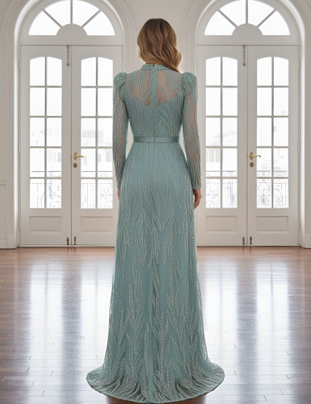 Мятное блестящее платье с длинными рукавами